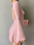 Backless Solid Knitted Dress Pink Beige Casual Chic and Elegant Fashion Slim A-line Mini Dresses Party Holiday