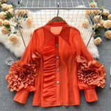 Ruffle Trim Shirt For Women Lapel Lantern Sleeve Loose Solid Button Through Blouse Female Fashion