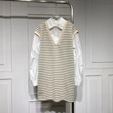 Clothing Striped Patchwork Midi Shirt Fake Two Pieces Spring Autumn Commute Turn-down Collar Casual Straight Loose Blouse-Outfit
