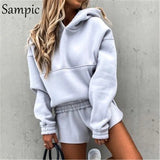 Sexy Women Casual Sport Hoodies Shorts Set Loose Autumn Tops And Mini High Waist Shorts Two Piece Set Outfits