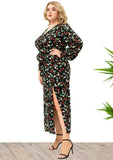 Plus Size Print V Neck Long Sleeve Slit Long