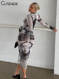 Women's Elegant Printed O-neck Patchwork Maxi Dress Full Long Sleeves Body-shaping Robe Lady Evening Attirewear Vestidos-Outfit