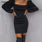 Blue Elegant Square Collar Short Dress Sexy Black Puff Sleeve Party Dresses 2022 Pleated Fall High Waist Slim Dress