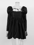 Puff Sleeves Woman Party Dress Evening Chic Square Collar Ball Gown Dress Short Beige Satin Dresses Pleated