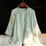 Chinese Style Round-Neck Embroidered Blouse Women's 2023 Summer New Retro Oblique Cardigan Button Leisure National Trend Shirt-Outfit