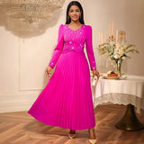 Pearl Evening Dress 2025 New V-Necked Long Sleeves Hundred Rolled Dress Party High Waist Dress