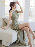Han Queen Elegant Summe Business Jumpsuits Women O-Neck Split Wide Leg Trousers Long Playsuits Casual Work Wear Rompers-Outfit