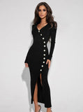 Black Formal V-Neck Front Slit Long Sleeve Slim Evening