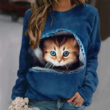 Ladies 3D Cartoon Cat Print T Shirt Women O-Neck Long Sleeve Casual Loose Clothing Tee Female Tops 5XL