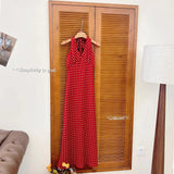 Spring And Summer French Vintage Sweetheart V-Neck Red Wave Point Hanging Neck Dress With