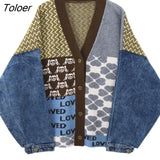 Retro Jacquard Floral Skull Color Block Oversized Cardigan Sweater Coats Women Girls Streetwear Winter Clothes Harajuku 618-0-Outfit