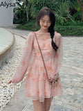 Party 2022 Spring Vintage Midi Dress Women Elegant Princess Lantern Sleeve Floral Fairy Dress Casual Sweet Beach Korean Party