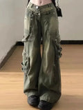 women retro washed work jeans American street fashion brand Y2k straight loose wide leg jeans-Outfit