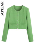 Women Fashion Tweed Cropped Jacket Coat Vintage Long Sleeve Front Bejewelled Button Female Outerwear Chic