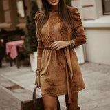 Puff Sleeve Women's Mini Dress Sashes Slim Sexy Solid Dresses Woman 2021 New Spring Autumn Fashion Casual Lady