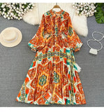 Quality Light Extravagant Lantern Long Sleeved Round Collar Waist Slim Single Breasted Printed Dress Elegant Long Skirt-Outfit