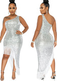 Sexy Sequins One Shoulder Sleeveless Fringe Tassels Irregular Cocktail Party