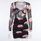 Long Sleeve Square Collar Patchwork Floral Print Mesh Mini Dress Autumn Winter Women Fashion Sexy Party Club