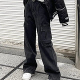 new style retro multi-pocket casual overalls Y2k women low-waist hip-hop slim loose couple straight pants-Outfit