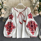 Travel To Shoot Retro National Wind Embroidery With Tuxedo V-Neck Lantern Sleeve Top Lady