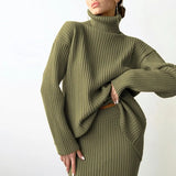 Elegant Knitted Sets Women 2021 New Casual Two Pieces Turtle Neck Sweater and Midi Skirt Female Warm Suits with