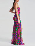 Women’s Y2K Vintage Slim Strapless Backless Mesh Patchwork Tropical Leopard Print High Slit Long Tube Party Dress-Outfit