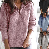 Sweater Large Size Solid Color Knitted Turn-down Collar Female