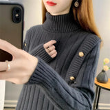 Winter Women's Turtleneck Pullover Solid Button Flocking Long Sleeve Screw Thread Sweater Knitted Casual Elegant Tops-Outfit