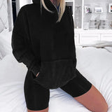 Two Pieces Set Women Autumn Winter Casual Solid Color Hooded Suits Girls Fashion Loose Top Sports Shorts Sets Female