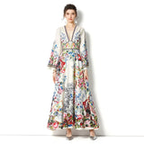 Summer Fashion Runway Sexy Deep V Neck Boho Holiday Long Dress for Woman Bat Sleeve High Waist Slim Flowy Maxi
