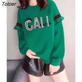 Sense Pullovers Women Autumn Winter Trendy Green Pullover Loose O-neck Peg Drill Letter Sweatshirt Casual Fashion