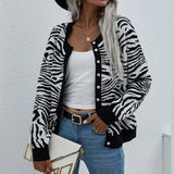 Autumn Fashion Zebra Striped Cardigan Women Sweater Long Sleeve O Neck Button Black Street Knitted Cardigans Winter