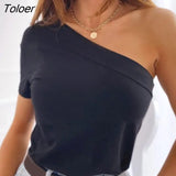 Women Summer T-Shirts One Shoulder Design Clothes Ladies Solid Color Trendy Short Sleeve Slim Pullovers Top For
