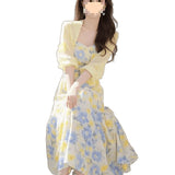 Dress Women's Summer 202 5 New Slimy Temperament Cardigan + Slings Broken Floral Dress Two