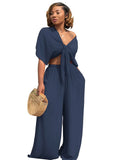 Summer Clothes Casual 2 Two Peice Set Outfits Women Short Sleeve Bandage Crop Top Baggy Pants Black Gray Matching