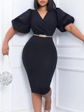 Women's Summer New Bubble Sleeve V-Neck Bag Buffet Professional OL Tangle African