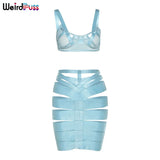Puss Two Piece Set Women Hollow Out Mesh Band Patchwork Summer Trend Beach Style Top+Skirt Skinny Matching Party