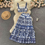 Blue And White Porcelain Printing Set Women's Summer Pure Desire To Bare Belt Slings Small Vest + High Waist Mid-Long