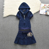 Set Hooded Zipper Top And Skirts Women Sweet Style Short Sleeve Femmel Two Piece Set S-XL Pink Color Cute