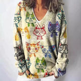 Women's New 3D Color Pattern Printing V Collar Long Sleeve Lazy Leisure