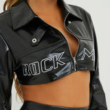 Girls Cool Loo-Navel Jacket 2025 Autumn/Winter Street Locomotive Style Print PU Leather Splicing Zipper Collar