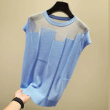 O-neck Short Sleeve Knitted Tops Patchwork Ice Silk Blusas Women Pullover Fashion Thin Blouse Mujer De Moda 2021