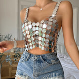 Toloer Silver Lily Single-Colored Bare Back Sexy Beads Shiny Women's Vest Top