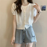 Kong Flavor Retro Round-Neck Short-Sleeved Knitted Shirt Girls Summer Thin Design Slim Short Thin Open Shirt Top