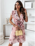 Explosion Summer Lotus Leaf Side Short-Sleeved V-Neck Digital Printed Dress
