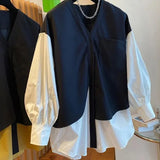 Autumn Fake Two Pieces Spliced Shirt Pockets Female Clothing Casual Loose Single-breasted Korean Basic Solid Color
