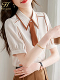 Han Queen New Simple Summer Elegant Single-Breasted Chiffon Blouse Womens Loose Casual Vintage Shirts Simple Basic Office Tops-Outfit
