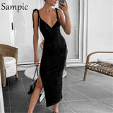 Sexy Knitted Party Sleeveless Woman Midi Calf Summer Black Bodycon Dress 2021 Night Club Bandage Split Wrap Dress