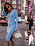 Sexy Ribbed V Neck Long Sleeve Slit