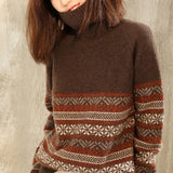 2022 New Autumn Winter High Neck Pullover Cashmere Sweater Women's Jacquard Casual Retro Folk Oversize Knitted Tops
